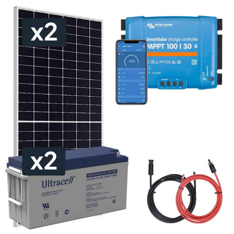 Panel słoneczny 2x455W i akumulator żelowy 2x150Ah z regulatorem MPPT 24V