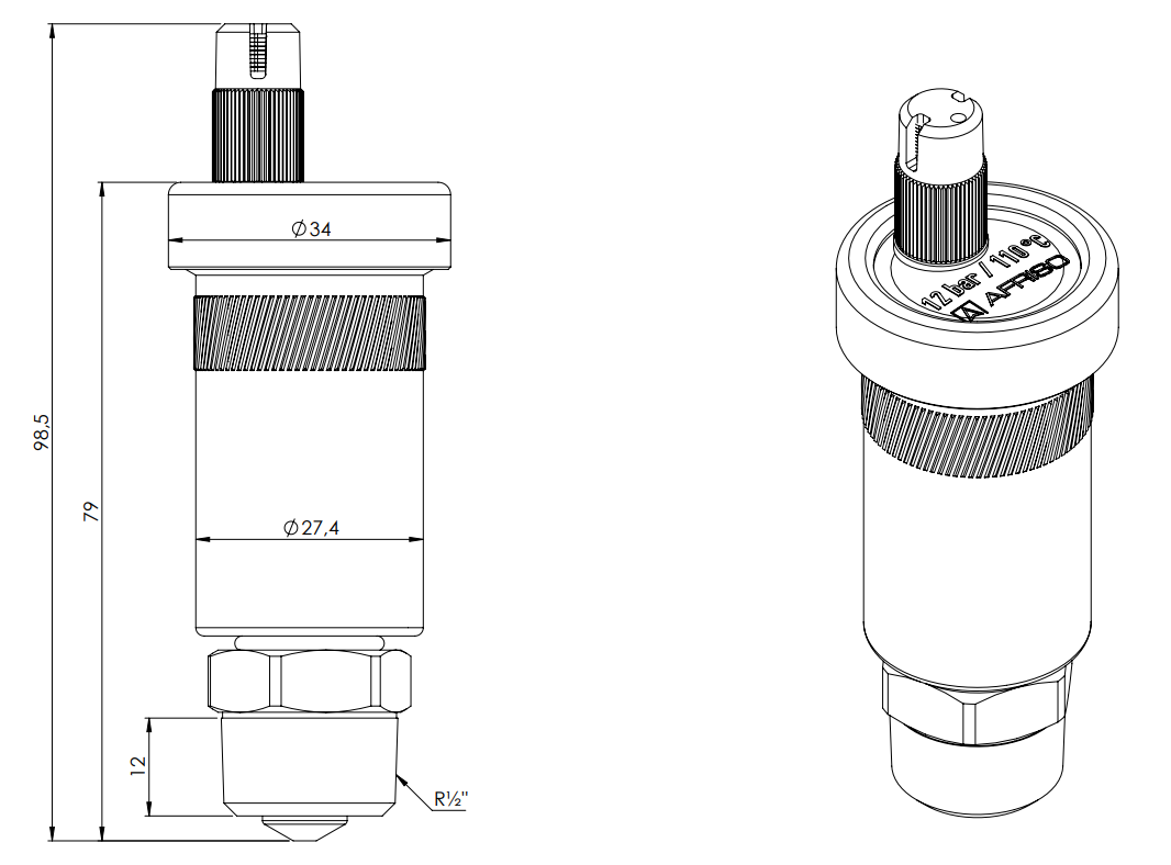 Odpowietrznik automatyczny PIONOWY PRIMOVENT G3/8'' z AQUASTOP i Zaworem Stopowym R1/2''