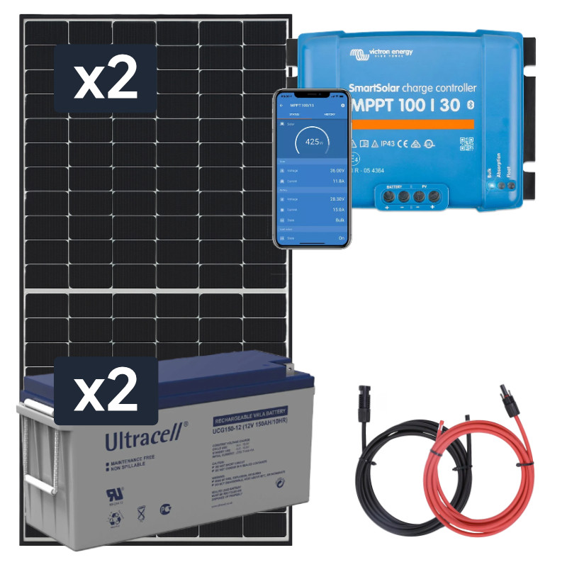 Panel słoneczny 2x455W i akumulator żelowy 2x150Ah z regulatorem MPPT 24V