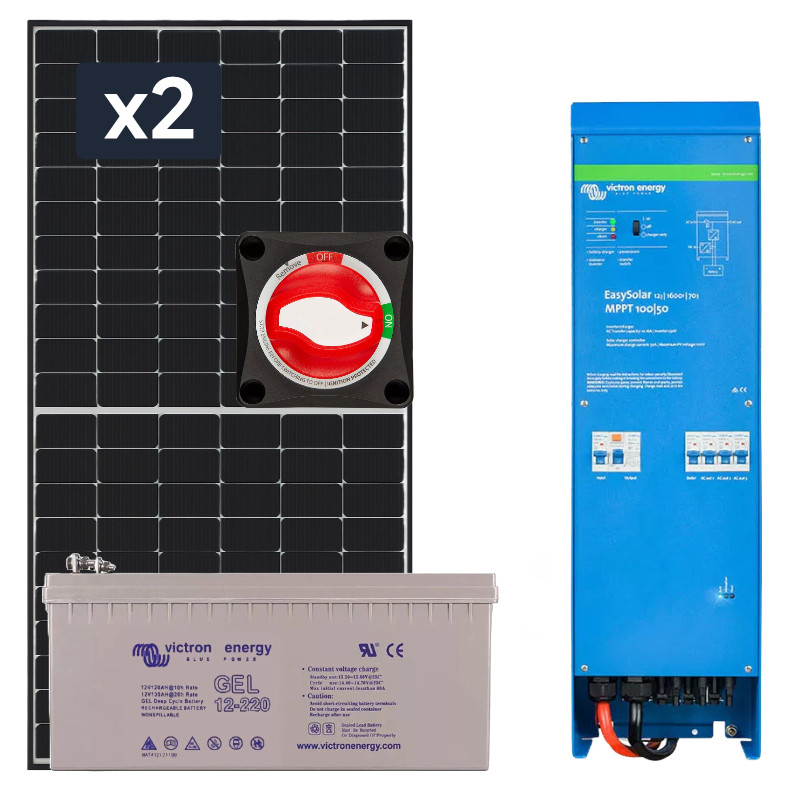 Elektrownia słoneczna 910Wp Hybrydowa z akumulatorem 220AH i przetwornicą 1300W